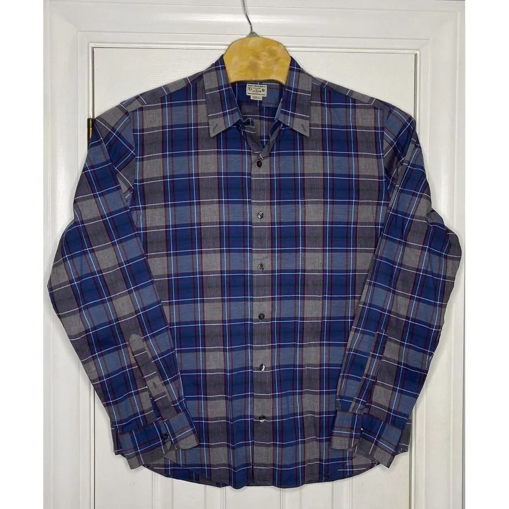 Tailored By J Crew Mens Slim Fit Button Front Shirt Blue Grey Plaid XL‎ Cotton